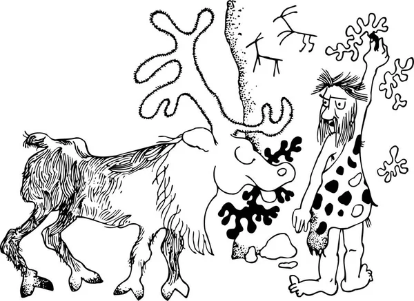 Ancient Man Drawing Deer Stone — Stock Vector