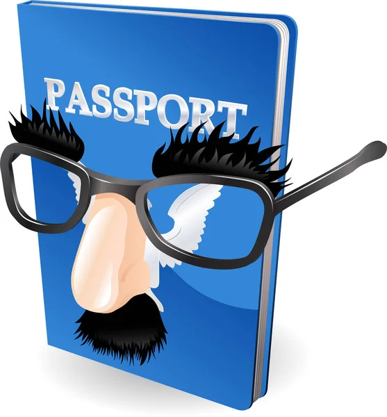 Identity Theft Concept Passport Wearing Disguise Fake Glasses Nose — Stock Vector