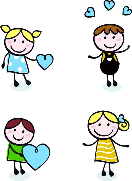 Set Happy Girls Different Hearts Vector Illustration — Stock Vector