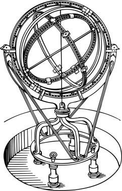 Armillary küresinin beyaz üzerine izole edilmiş siyah ve beyaz çizimi 