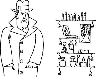 Beyaz arka planda parfümlü raflara bakan bir adam.