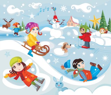 Çocuklar kış caddesinde oynuyorlar.