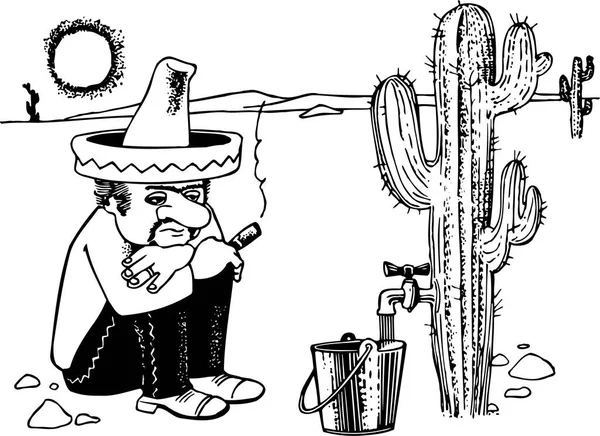 Meksika Şapkalı Adam Kaktüsün Yanında Tekila Kovası Karikatür Çizimi — Stok Vektör
