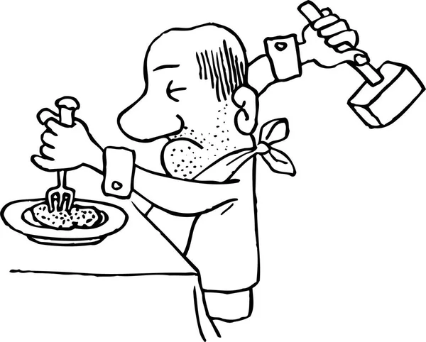 Desenho Animado Homem Avental Cortando Carne — Vetor de Stock
