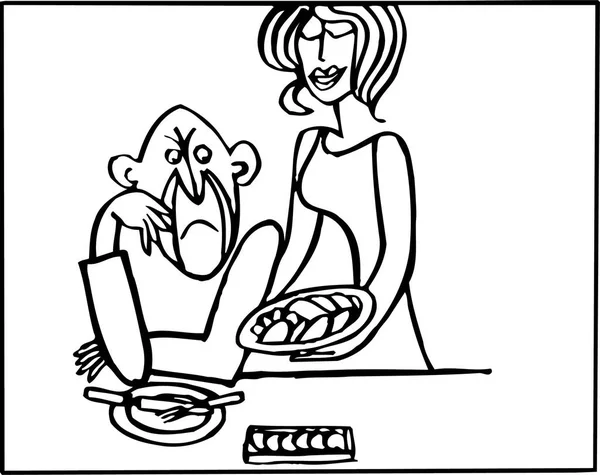 Komik Çift Karakterleri Gıda Boyama Sayfasının Siyah Beyaz Çizimi — Stok Vektör