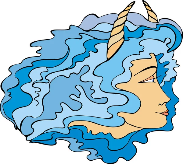 Vector Illustration Girl Blue Hair Horns — Stock Vector