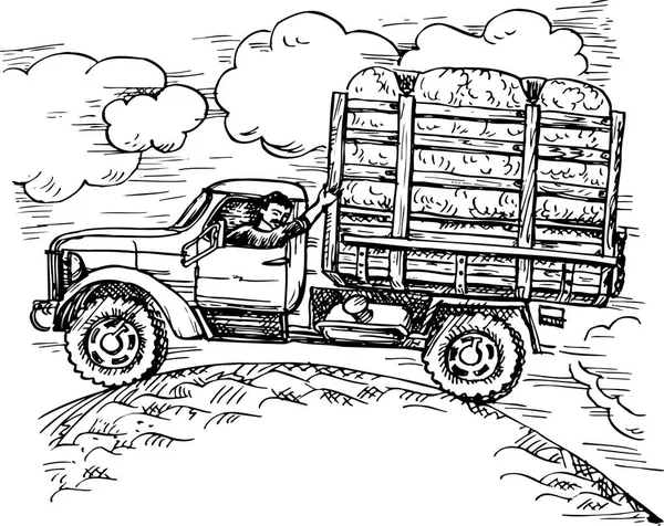農民の運転トラックのスケッチ — ストックベクタ