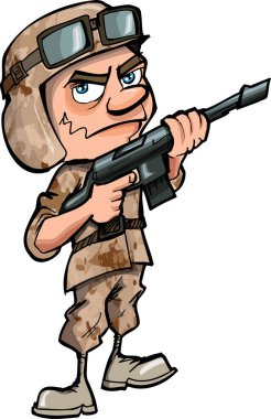 Beyaz arka planda silahlı karikatür askeri
