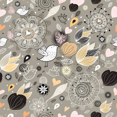 Karalama kuşları, çiçekler ve yapraklarla kusursuz çiçek deseni