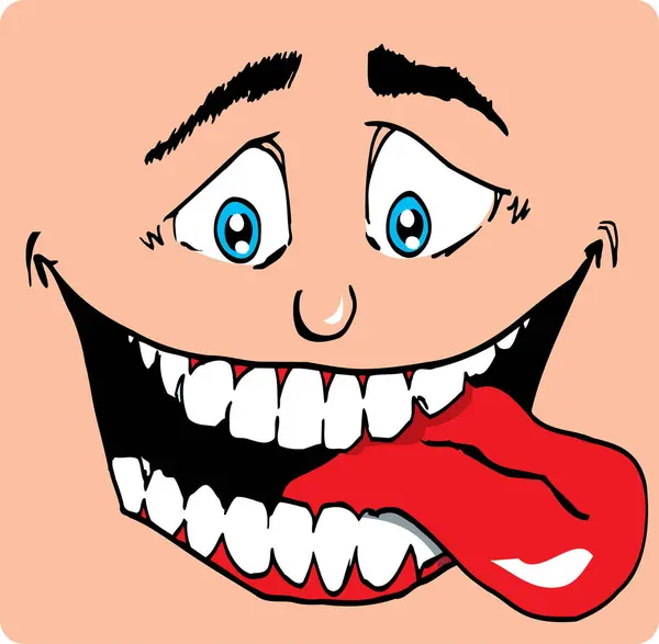 Caricatura Divertido Hombre Riendo Con Grandes Dientes Lengua Hacia Fuera — Vector de stock