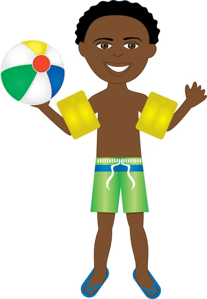 Vector Afro Boy Swimsuit Arm Floats Beach Ball — Stock Vector