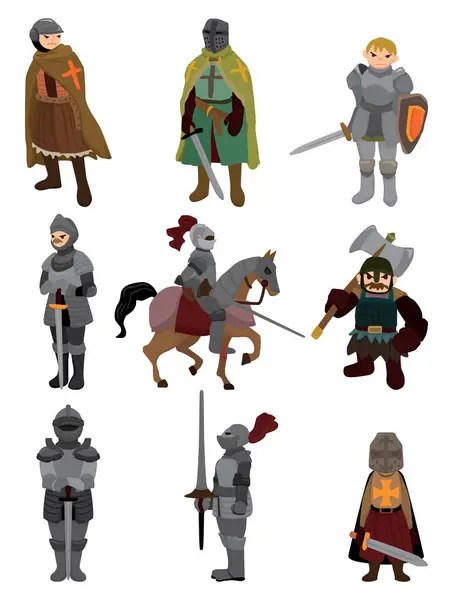Set Medieval Knights White Background — Stock Vector