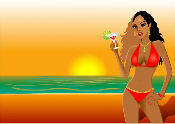 Puesta Sol Playa Con Chica Vector Ilustración Diseño Simple — Vector de stock