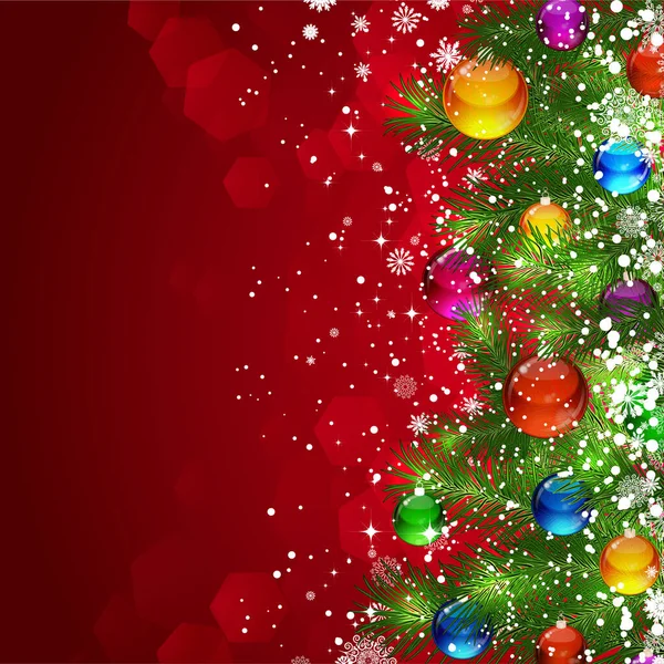 Weihnachten Hintergrund Mit Schneebedeckten Weihnachtsbaum Mit Glasballons Dekoriert — Stockvektor