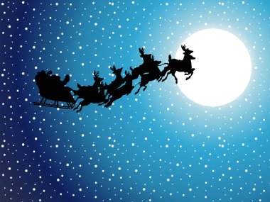 Noel Baba kızakla uçuyor.