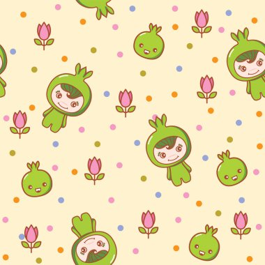 Çiçekleri ve yeşil yaprakları olan sevimli, karikatürlü bir kız bebek..