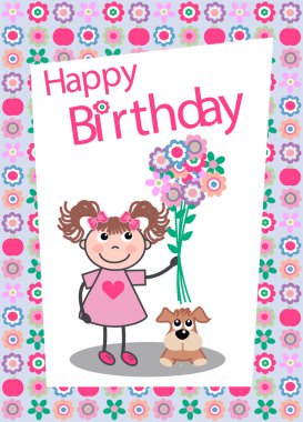 Şirin kız ve köpekli doğum günü kartı. vektör.