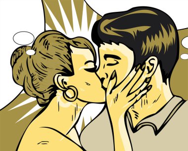 Öpüşen çift. Pop Art retro vektör illüstrasyonu