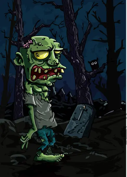 Illustration Vectorielle Zombie Dessin Animé Avec Une Tombe Sur Sol — Image vectorielle