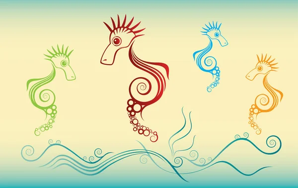 Mořští Koníci Oceánské Vlny Vektorová Ilustrace — Stockový vektor