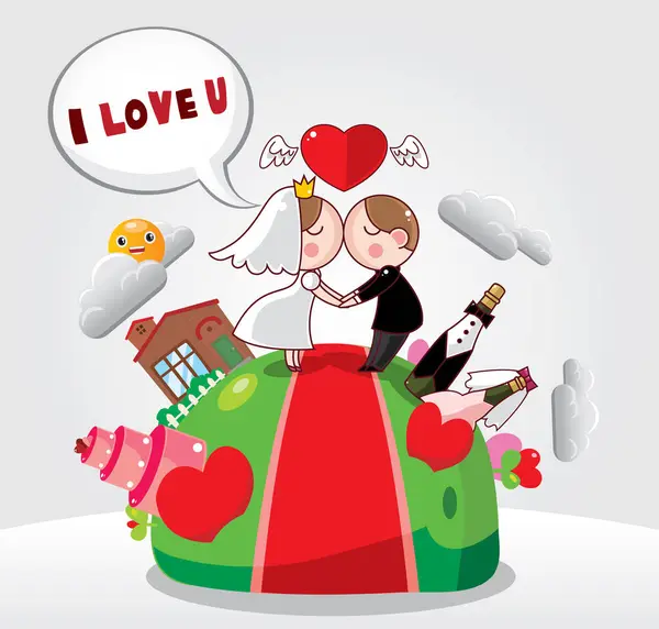 Liefde Bruiloft Paar Cartoon Illustratie — Stockvector