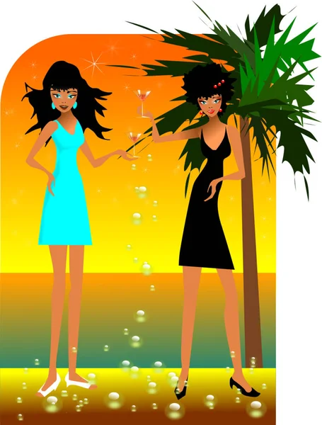 Image Vectorielle Deux Filles Dans Île Tropicale — Image vectorielle