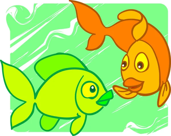 Illustrazione Cartone Animato Pesci Sfondo Verde — Vettoriale Stock