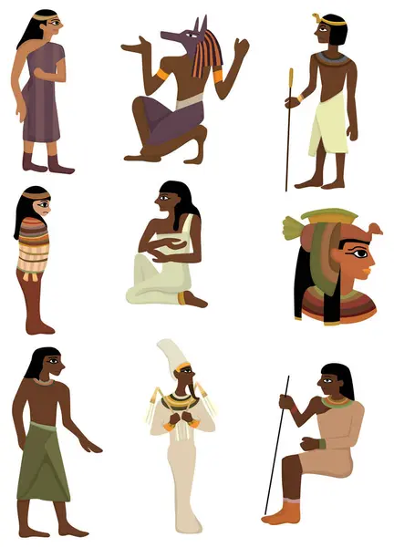 Antik Mısırlı Karakterlerden Bir Grup Farklı Insan Vektör Illüstrasyonu — Stok Vektör