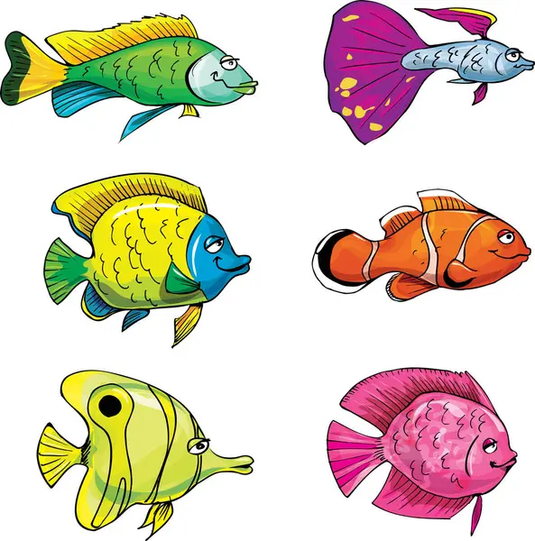 Векторный Набор Рыб Мультяшные Рыбы Рыбы Морские Животные — стоковый вектор