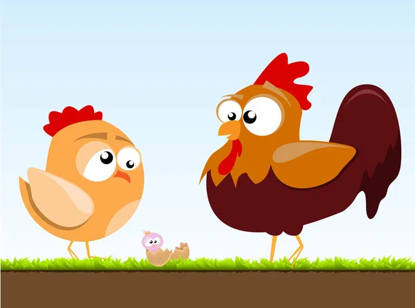 Cartoon Glückliche Henne Auf Bauernhof Mit Henne — Stockvektor