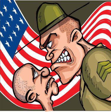 Bıçak ve silahla bir adam ve bir askerin resmi.