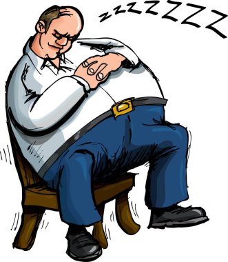 Şişman adamın sandalyede uyuduğu karikatür çizimi.