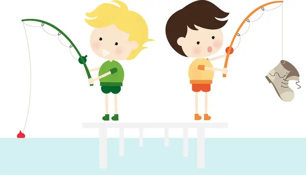 Boys Fishing Rods Vector Illustration — Stockový vektor
