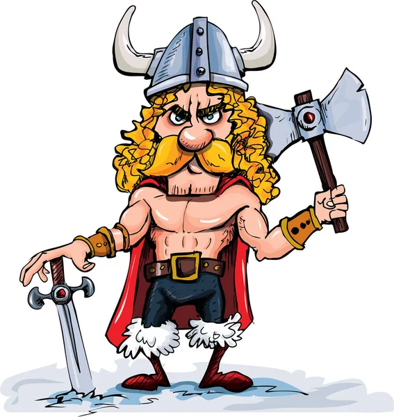 Vectorcartoon Illustratie Van Viking Met Bijl Zwaard Geïsoleerd Witte Achtergrond — Stockvector