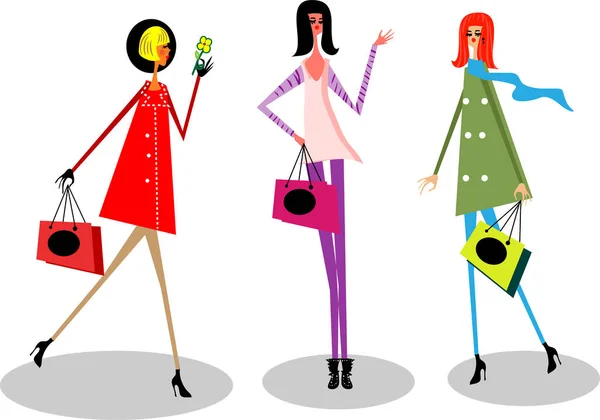 Διανυσματική Απεικόνιση Μιας Γυναίκας Τσάντες Ψώνια — Διανυσματικό Αρχείο