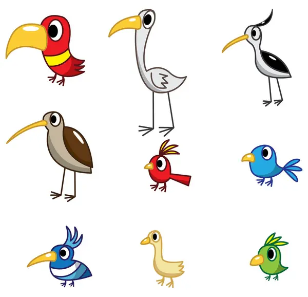 Conjunto Vetorial Pássaro Dos Desenhos Animados Design Simples Vetor — Vetor de Stock
