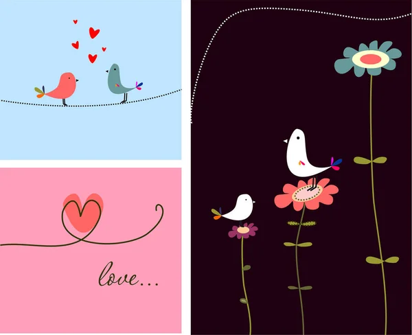 Söta Fåglar Och Hjärtan Alla Hjärtans Dag Kort Vektor Illustration — Stock vektor
