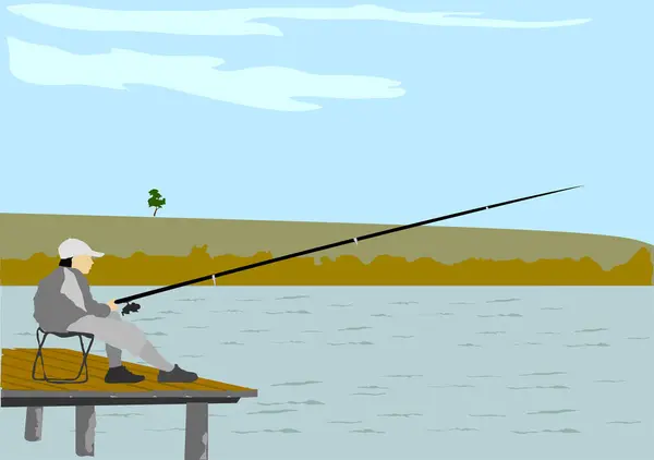 Uomo Seduto Presso Molo Pesca Illustrazione Vettoriale — Vettoriale Stock