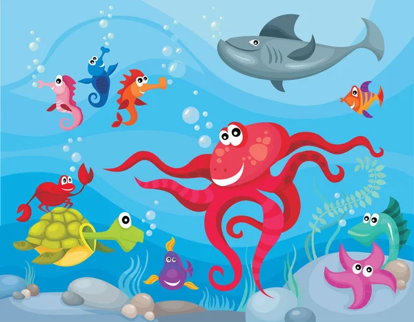 Zestaw Różnych Zwierząt Morskich Ilustracji — Wektor stockowy