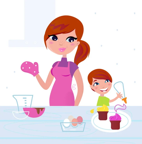 Baby Moeder Koken Vector Illustratie — Stockvector