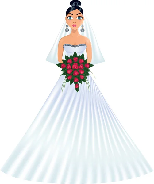 Braut Mit Strauß Roter Rosen — Stockvektor