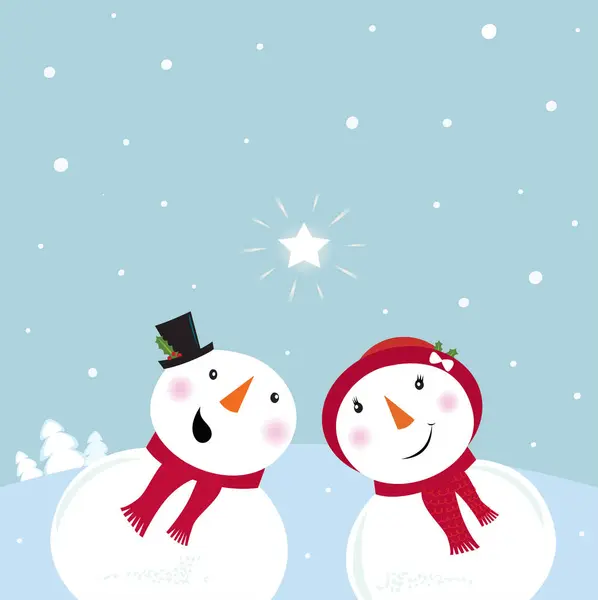 Snowman Couple Christmas Trees — Archivo Imágenes Vectoriales