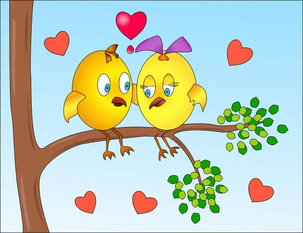 Illustration Deux Oiseaux Amoureux Sur Une Branche — Image vectorielle