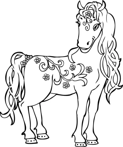 Černá Bílá Kreslená Kreslená Ilustrace Koně — Stockový vektor