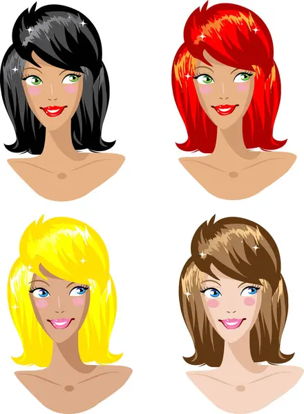 Σετ Από Διαφορετικά Όμορφα Κορίτσια Κοντά Μαλλιά Εικονογράφηση Διανύσματος — Διανυσματικό Αρχείο