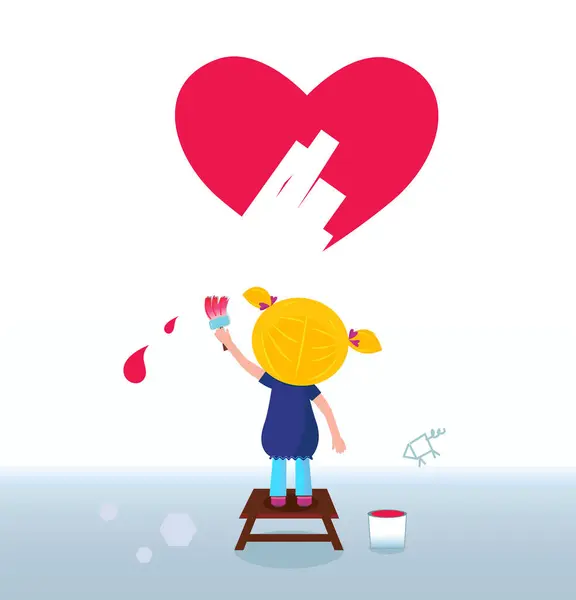 Roztomilý Karikatura Charakter Dívka Malování Srdce — Stockový vektor
