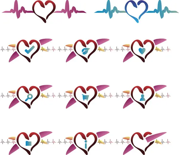 Illustrazione Vettoriale Insieme Diversi Simboli Cuore Cardiogramma — Vettoriale Stock