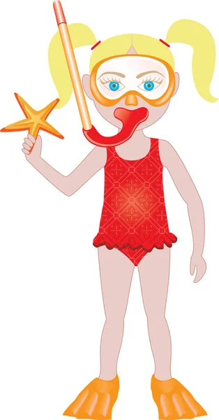 Vector Blond Girl Swimsuit Snorkle Starfish — Stock Vector