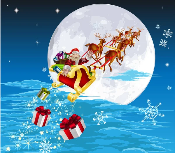 Weihnachtsmann Fliegt Winternachtsszene Auf Schlitten — Stockvektor