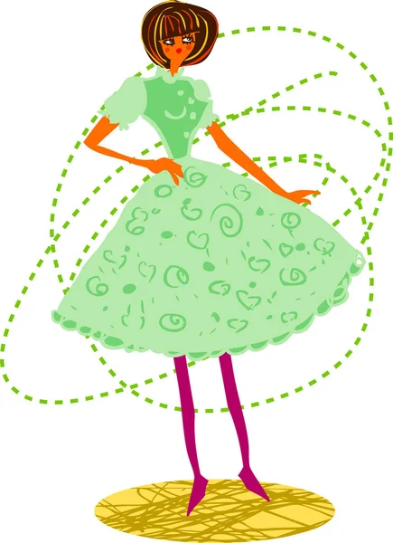 Ilustración Vectorial Una Mujer Con Vestido Verde — Vector de stock